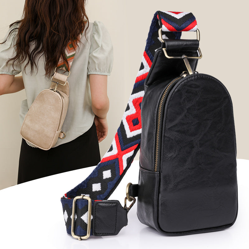 Women Chest Bag Sling Bag, Guitar Strap Small Crossbody PU Leather Satchel Daypack