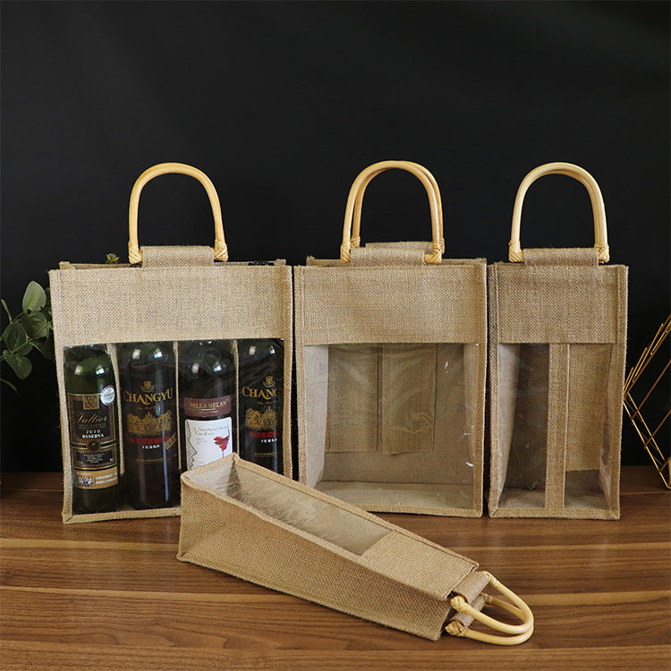 Linen Red Wine Bag Wine Packaging Bag Four-bottle Package Double Handbag Wine Bag