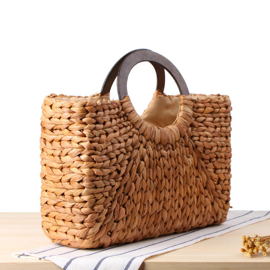 Wooden Handle Carrying Straw Woven Bag, Corn Husk Woven Beach Bag, Forest Solid Color Large-Capacity Female Bag