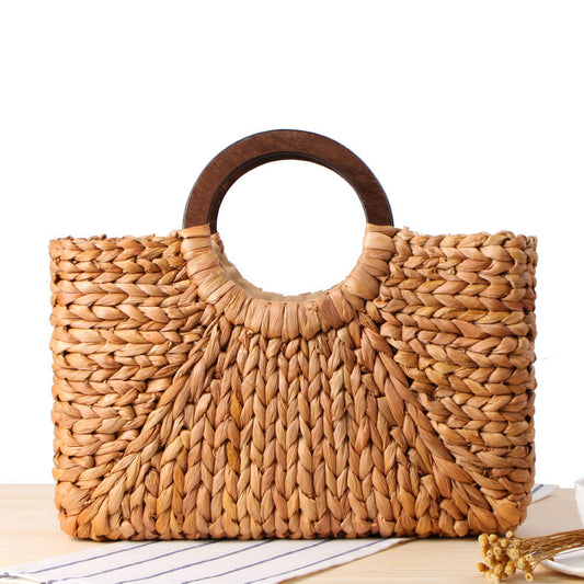 Wooden Handle Carrying Straw Woven Bag, Corn Husk Woven Beach Bag, Forest Solid Color Large-Capacity Female Bag