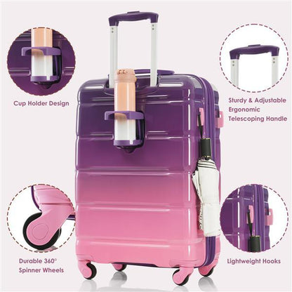 Luggage Set Of 3, 20-inch With USB Port, Airline Certified Carry-on Luggage With Cup Holder, ABS,PC Hard Shell Luggage With Spinner Wheels, Purple And Pink