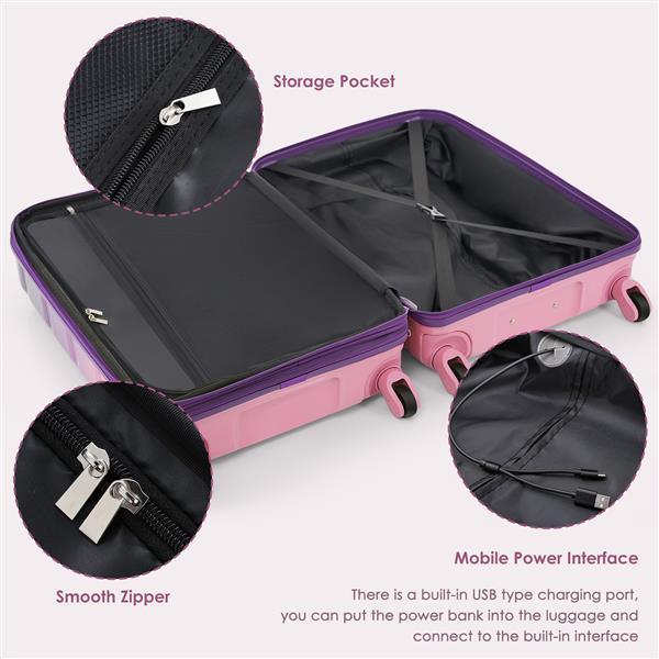 Luggage Set Of 3, 20-inch With USB Port, Airline Certified Carry-on Luggage With Cup Holder, ABS,PC Hard Shell Luggage With Spinner Wheels, Purple And Pink