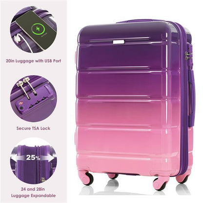 Luggage Set Of 3, 20-inch With USB Port, Airline Certified Carry-on Luggage With Cup Holder, ABS,PC Hard Shell Luggage With Spinner Wheels, Purple And Pink