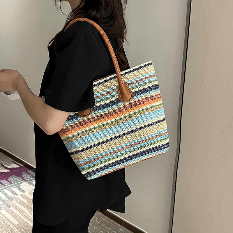 Grass Woven Beach Large Capacity Striped Tote Bag