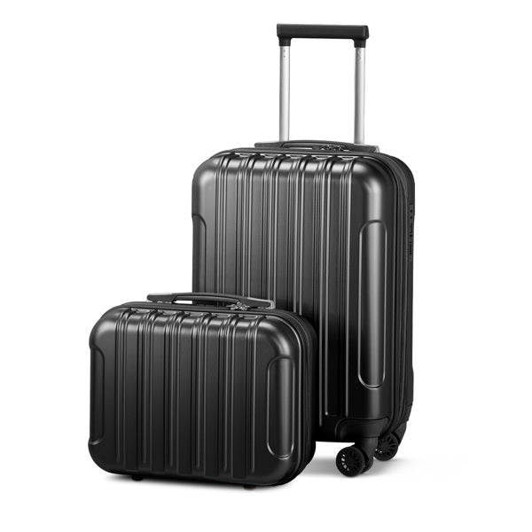 FCH Vertical Pattern 2-Piece Set 20 Inch Expandable With 14 Inch Suitcase, ABS, PC Trolley Case, 14in 20in Silent Wheels, Inner Iron And Outer Aluminum Tie Rod, Classic Color- Black