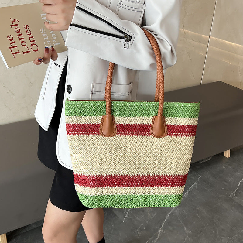 Grass Woven Beach Large Capacity Striped Tote Bag