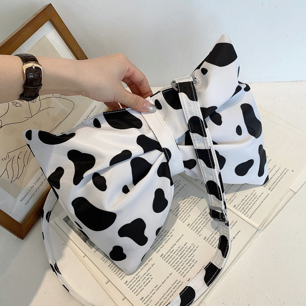 Fashion Large Bow Shoulder Bag For Girls Cute Cow Print Crossbody Bags Women Lovely Shopping Bags