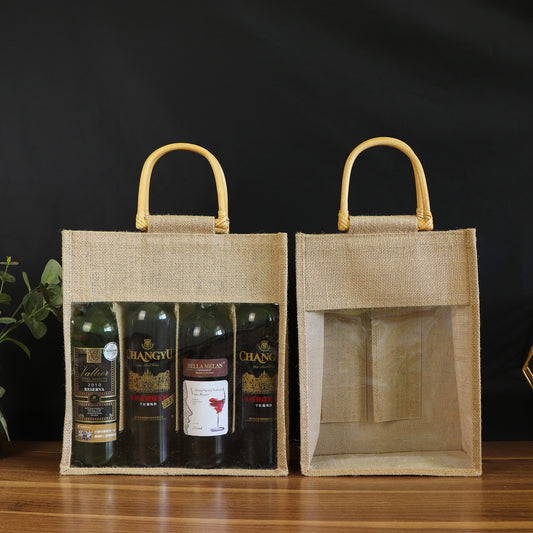 Linen Red Wine Bag Wine Packaging Bag Four-bottle Package Double Handbag Wine Bag