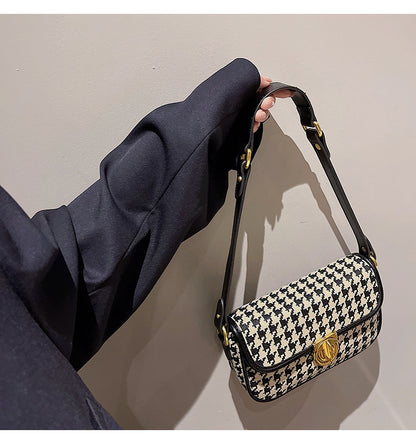 Women's Houndstooth One Shoulder Underarm Baguette Bag