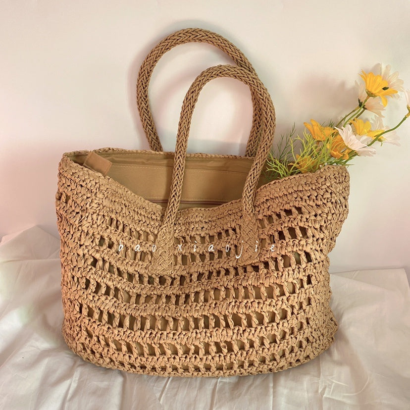 Literary Hollow Straw Woven Tote Holiday Style Beach Bag