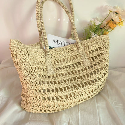 Literary Hollow Straw Woven Tote Holiday Style Beach Bag