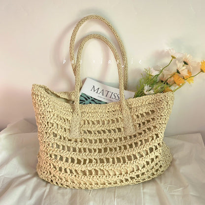 Literary Hollow Straw Woven Tote Holiday Style Beach Bag