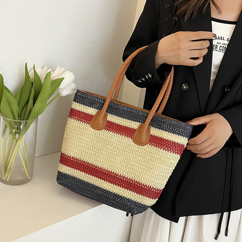 Grass Woven Beach Large Capacity Striped Tote Bag