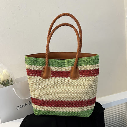 Grass Woven Beach Large Capacity Striped Tote Bag