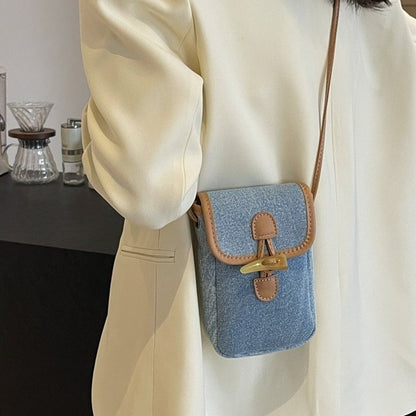 Vertical Denim Mobile Phone Bag Women's Horn Button Shoulder Messenger Bag