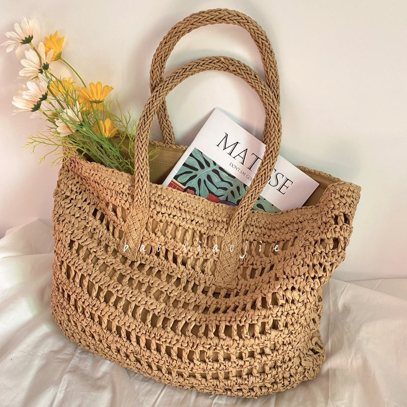 Literary Hollow Straw Woven Tote Holiday Style Beach Bag