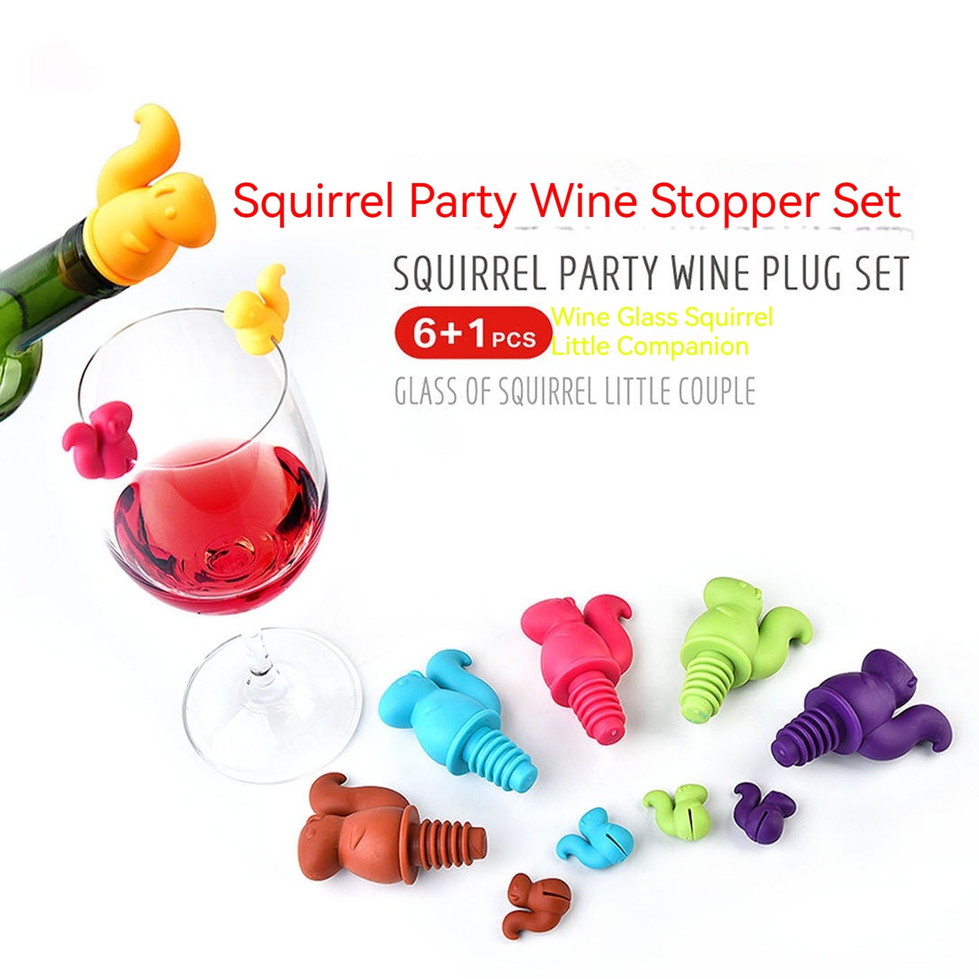 Squirrel Wine Bottle Stopper With 6 Wine Glass Identification Clip Set Silica Gel Bottle Stopper Wine Bottle Stopper Wine Stopper Bottle Cap