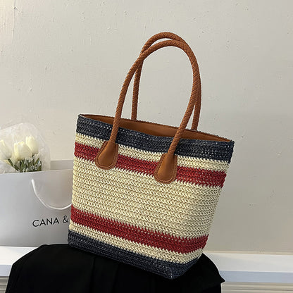 Grass Woven Beach Large Capacity Striped Tote Bag