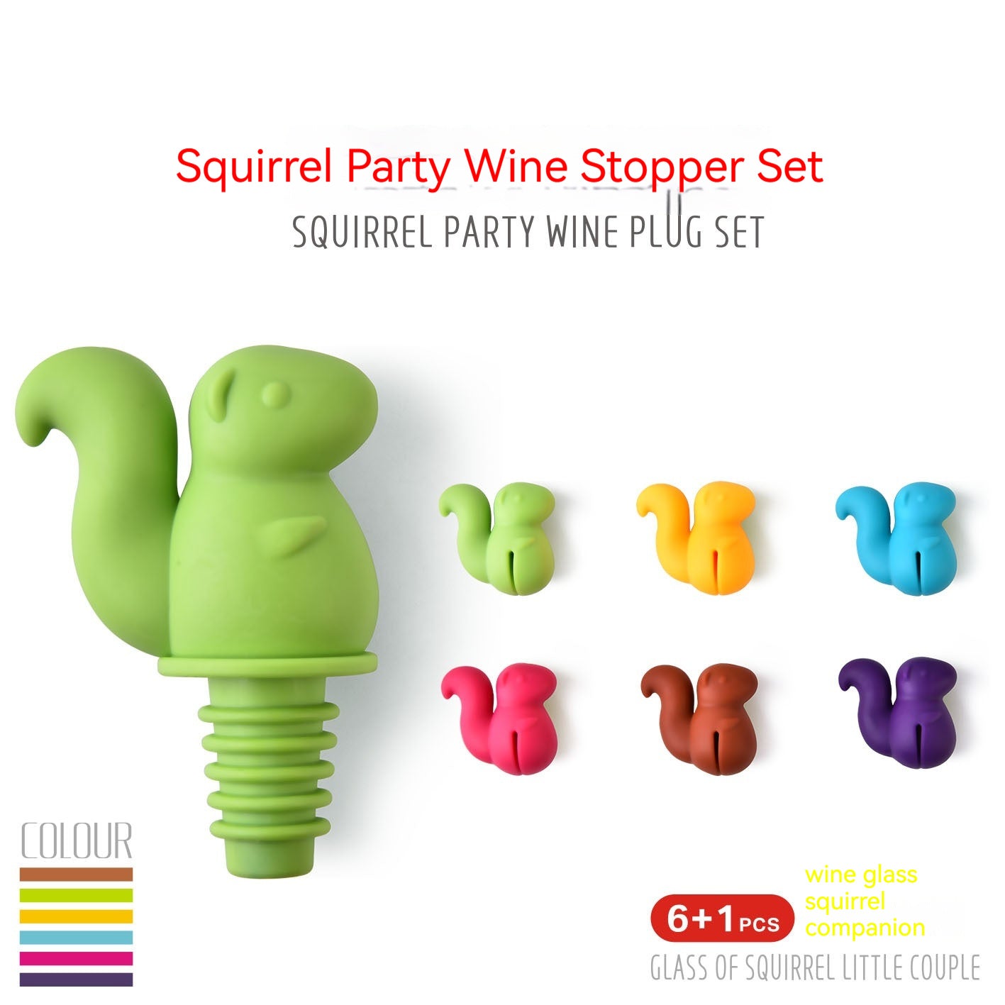 Squirrel Wine Bottle Stopper With 6 Wine Glass Identification Clip Set Silica Gel Bottle Stopper Wine Bottle Stopper Wine Stopper Bottle Cap