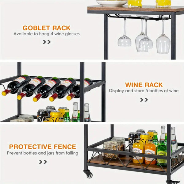 Home Bar Trolley, 3-tier Bar Trolley On Wheels, Wine Cart, Beverage Cart, Kitchen, Living Room, Dining Room Service Cart, Black