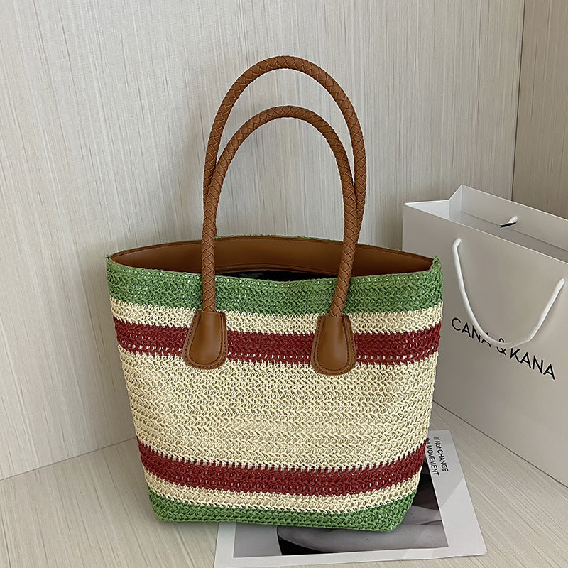 Grass Woven Beach Large Capacity Striped Tote Bag